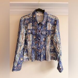 Love the label  Blue Floral Patchwork Button-Down Peplum Shirt